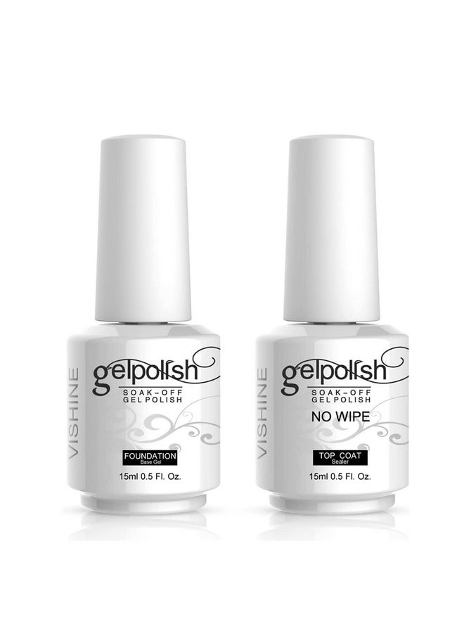 Vishine 15ml No Wipe Top Coat Base Coat Soak off UV LED Drying Long Lasting Shiny Nail Varnish Set