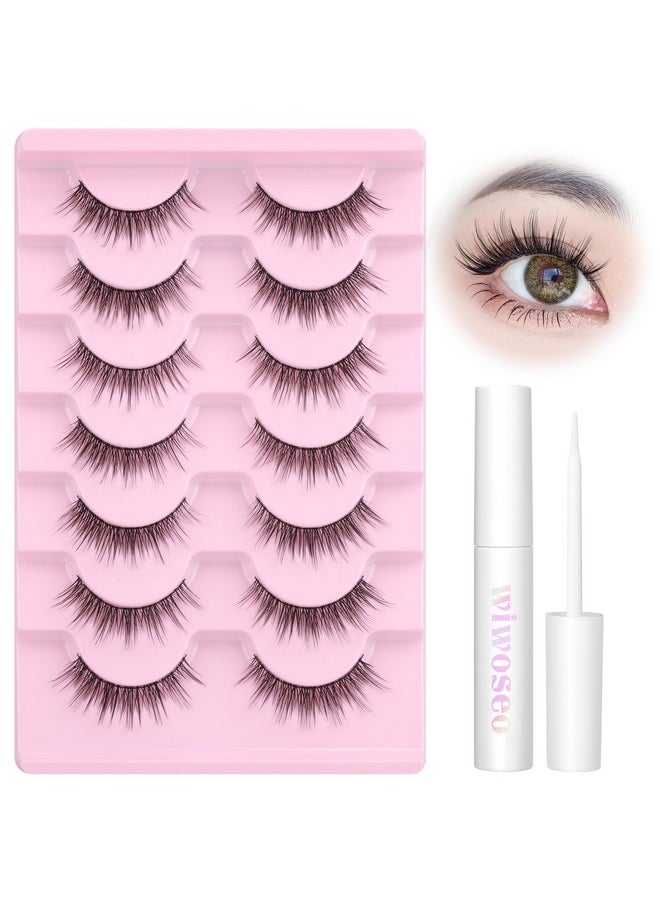 wiwoseo Wispy Lashes Natural Look Eyelashes with Glue Short Lashes Anime Eyelashes Cat Eye Lashes Kit Strip Lashes Extension C Curl False Eyelashes 7 Pairs Natural Eyelashes