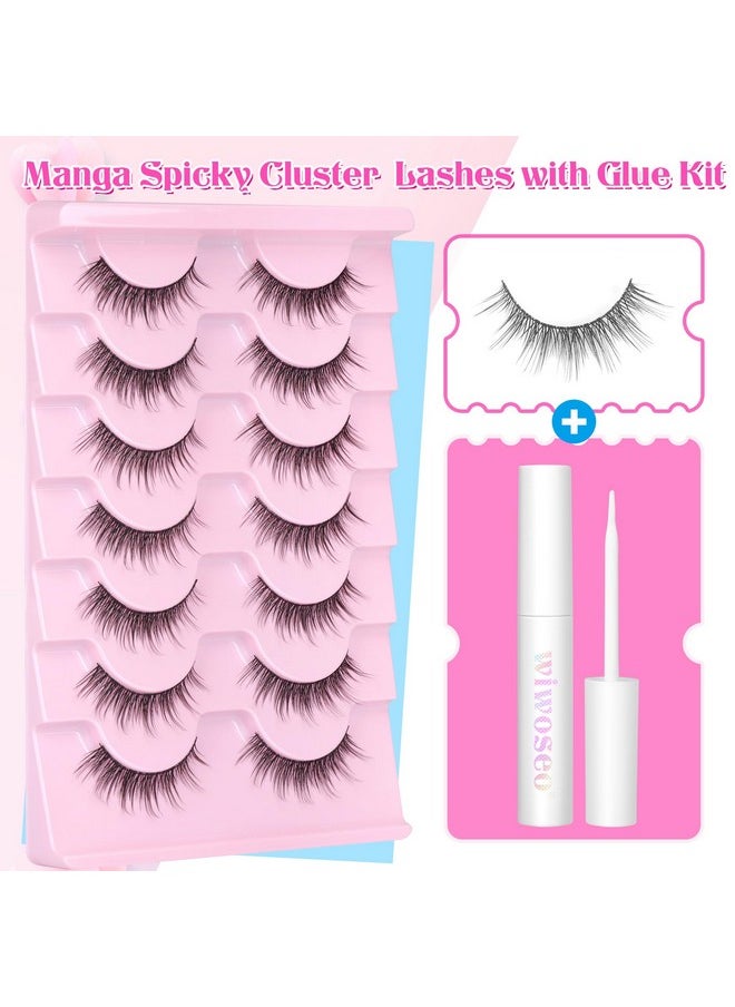 wiwoseo Wispy Lashes Natural Look Eyelashes with Glue Short Lashes Anime Eyelashes Cat Eye Lashes Kit Strip Lashes Extension C Curl False Eyelashes 7 Pairs Natural Eyelashes