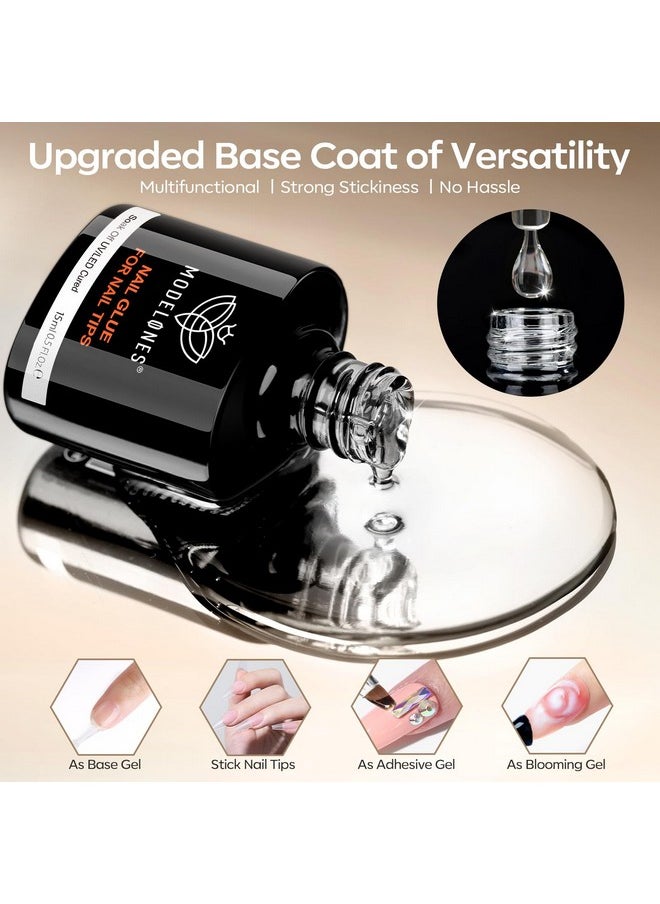 modelones Nail Glue Gel with Top Coat and Nail Prep Dehydrator 3 PCS 15ml 9 in One Nail Glue Gel Nail Kit for Easy Nail Extension, No Wipe Top Coat