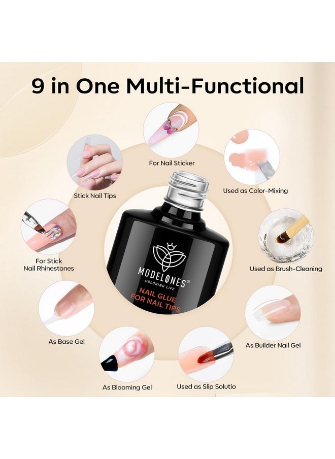 modelones Nail Glue Gel with Top Coat and Nail Prep Dehydrator 3 PCS 15ml 9 in One Nail Glue Gel Nail Kit for Easy Nail Extension, No Wipe Top Coat