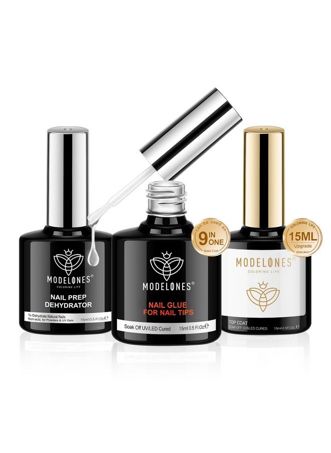 modelones Nail Glue Gel with Top Coat and Nail Prep Dehydrator 3 PCS 15ml 9 in One Nail Glue Gel Nail Kit for Easy Nail Extension, No Wipe Top Coat
