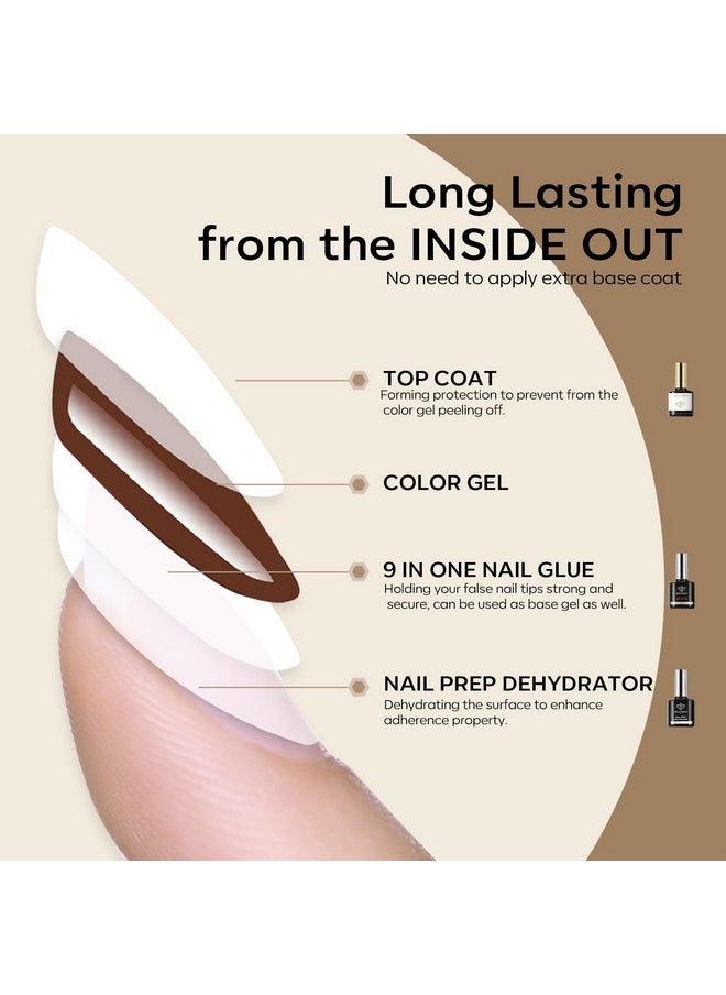 modelones Nail Glue Gel with Top Coat and Nail Prep Dehydrator 3 PCS 15ml 9 in One Nail Glue Gel Nail Kit for Easy Nail Extension, No Wipe Top Coat