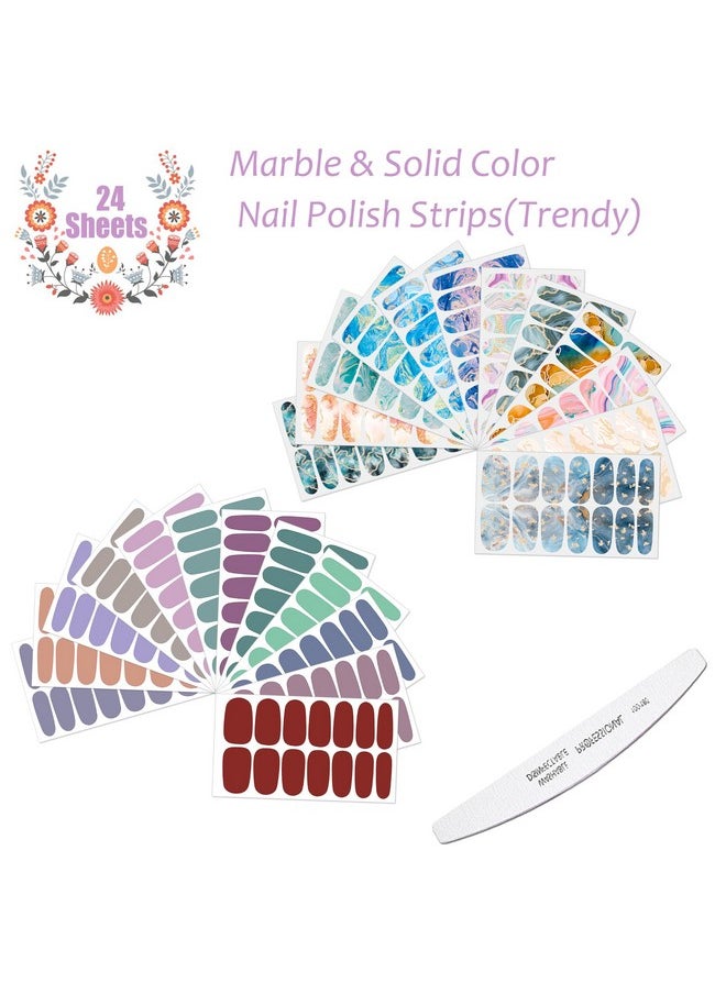 JERCLITY 336 Pieces 24 Sheets Women's Full Wrap Marble Nail Polish Strips Stickers Self-Adhesive Solid Color Gel Nail Strips Decals with Nail File for Women Girls Nail Decorations (Trendy Style)