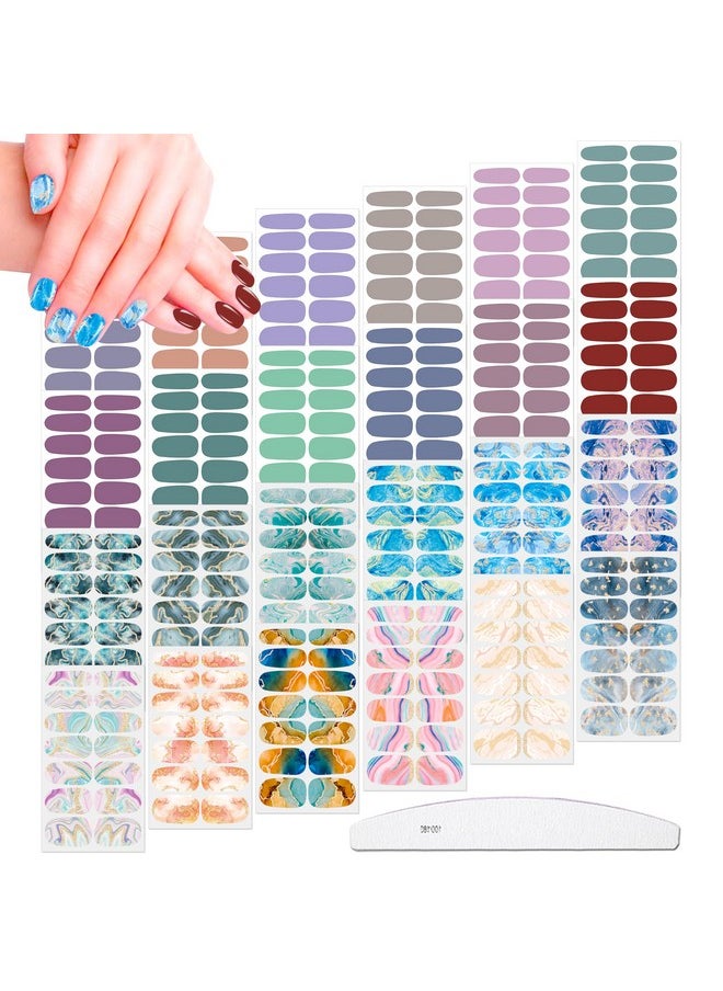 JERCLITY 336 Pieces 24 Sheets Women's Full Wrap Marble Nail Polish Strips Stickers Self-Adhesive Solid Color Gel Nail Strips Decals with Nail File for Women Girls Nail Decorations (Trendy Style)