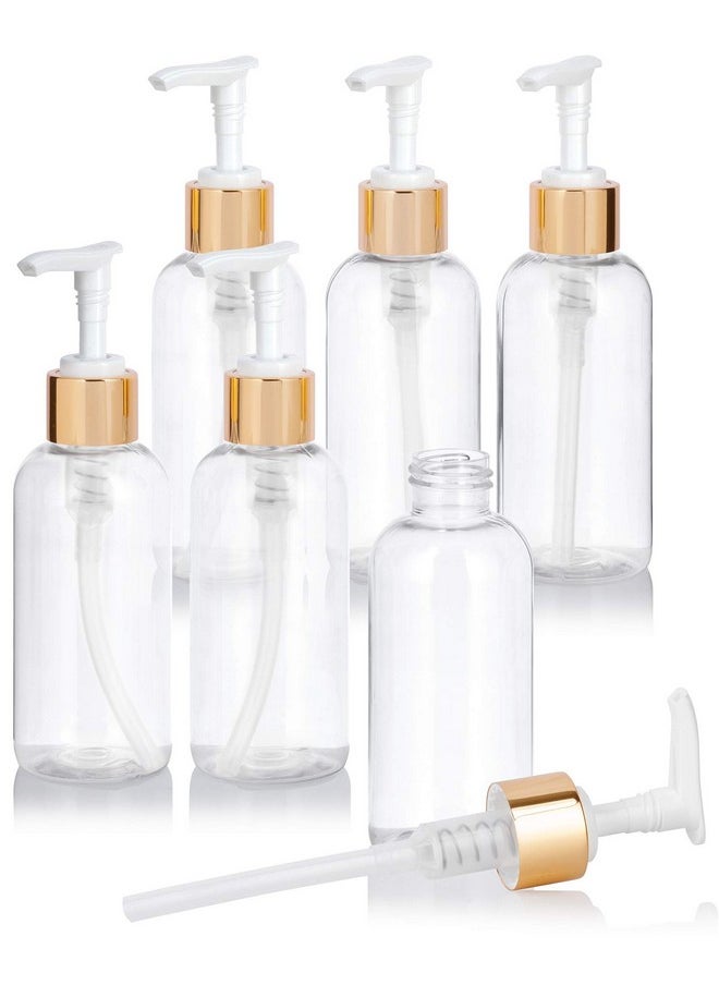 JUVITUS 4 oz / 120 ml Clear Plastic PET Boston Round Bottle (BPA Free) with Gold Lotion Pump (6 pack)