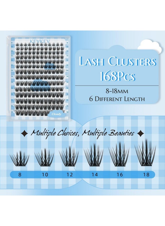 KevKev Lash Extension Kit 168Pcs Lash Clusters Kit DIY Eyelash Extension Kit Lash Bond and Seal Lash Applicator Tool Lash Remover for Eyelash Extensions(Cloudy,D-8-18mix)