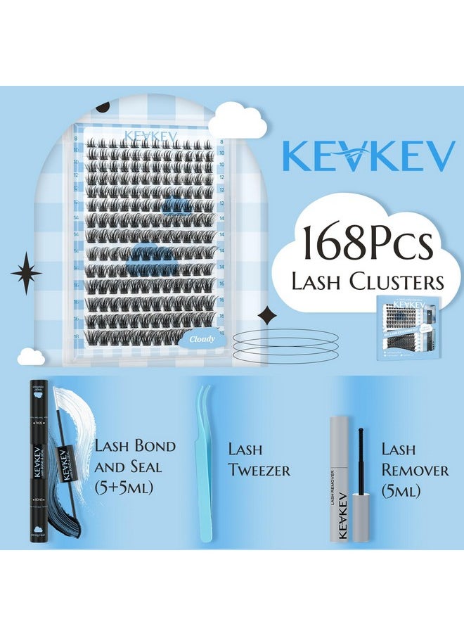 KevKev Lash Extension Kit 168Pcs Lash Clusters Kit DIY Eyelash Extension Kit Lash Bond and Seal Lash Applicator Tool Lash Remover for Eyelash Extensions(Cloudy,D-8-18mix)