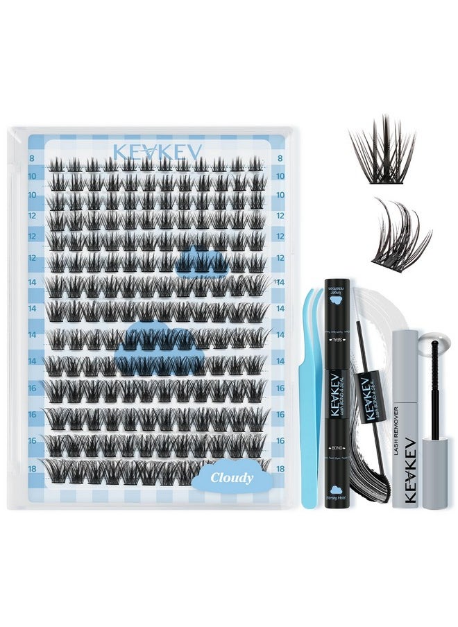 KevKev Lash Extension Kit 168Pcs Lash Clusters Kit DIY Eyelash Extension Kit Lash Bond and Seal Lash Applicator Tool Lash Remover for Eyelash Extensions(Cloudy,D-8-18mix)
