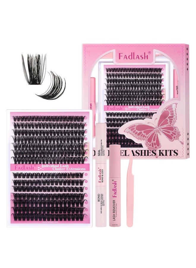 FADLASH Lash Extension DIY Kit Lash Clusters D Curl Cluster Lashes with Lash Bond and Seal Cluster Lashes Glue Remover Lash Tweezers for DIY Eyelash Extension at Home（Kit 60D+80D-0.07D-12-18MIX）