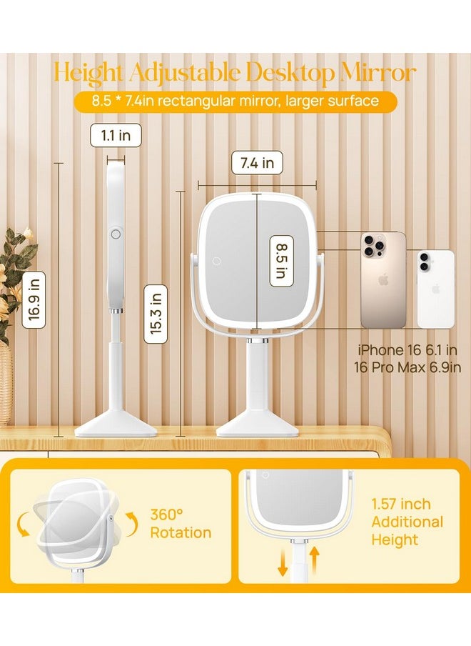 Gospire Rectangle Lighted Makeup Mirror with Lights 3 Color, Height Adjustable Vanity Mirror for Desk, 1X/7X Magnifying Mirror for Bedroom, Brightness Adjustable Led Mirror for Women or Men - White