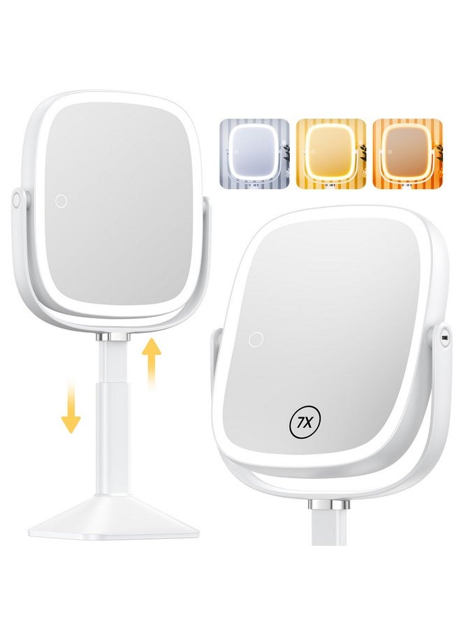 Gospire Rectangle Lighted Makeup Mirror with Lights 3 Color, Height Adjustable Vanity Mirror for Desk, 1X/7X Magnifying Mirror for Bedroom, Brightness Adjustable Led Mirror for Women or Men - White
