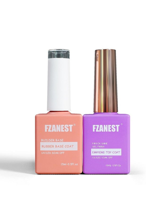 FZANEST Rubber Base Gel and Diamond Top Coat Set, 5 in 1 Builder Nail Base Gel For Nails Ultra Shine No Wipe Top Coat Gel Nail Polish Kit, Long Lasting Base Structure Strengthener Gel