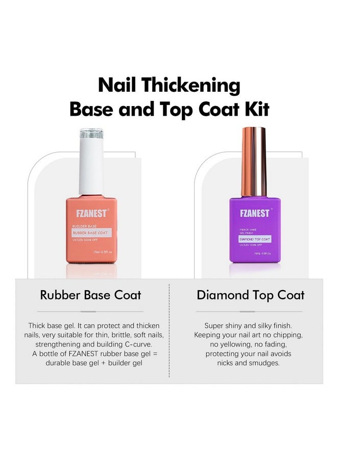 FZANEST Rubber Base Gel and Diamond Top Coat Set, 5 in 1 Builder Nail Base Gel For Nails Ultra Shine No Wipe Top Coat Gel Nail Polish Kit, Long Lasting Base Structure Strengthener Gel