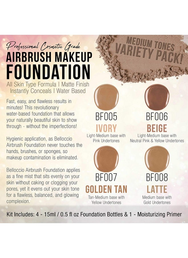 Belloccio Medium Color Shade Foundation Set - Professional Cosmetic Airbrush Makeup in 1/2 oz Bottles