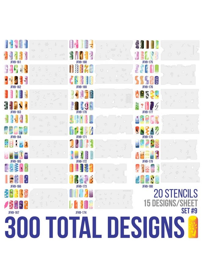 Custom Body Art Airbrush Nail Stencils - Design Series Set # 9 Includes 20 Individual Nail Templates with 15 Designs Each for a Total of 300 Designs of Series #9