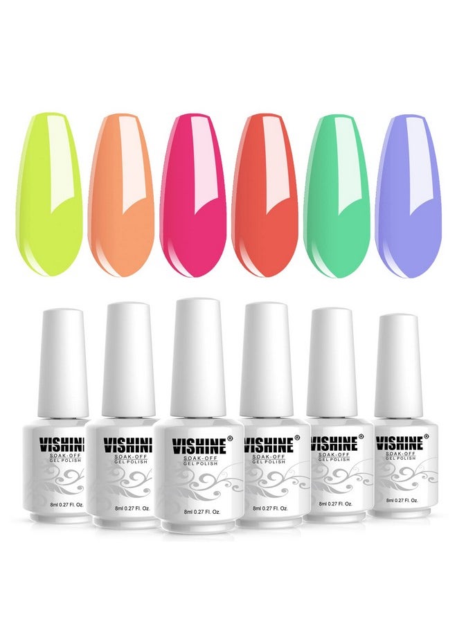 Vishine Gel Nail Polish Kit,Sunny Days Collection Nail Art 6 Colors Neon Lemon Green Peachy Coral Pink Creamy Blue Soak Off Nail Lamp Gel Polish Set Manicure 8ml