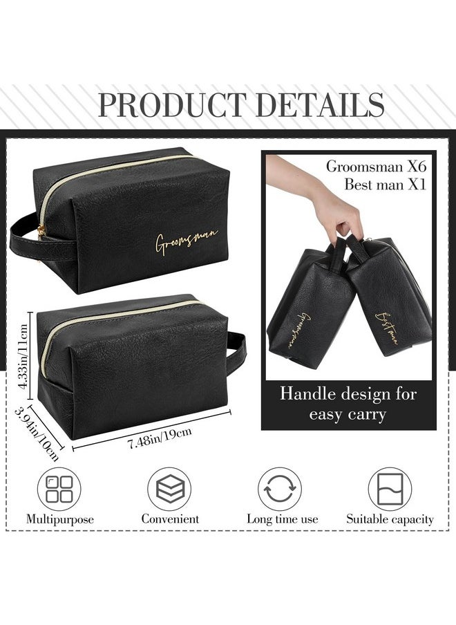Amylove 7 Sets Groomsmen Gifts Toiletry Bag for Men Wedding Proposal Gift for Best Man PU Leather Cosmetic Bags with Zipper Shaving Bag Bowknot Greeting Card for Wedding Toiletries Accessories (Black)