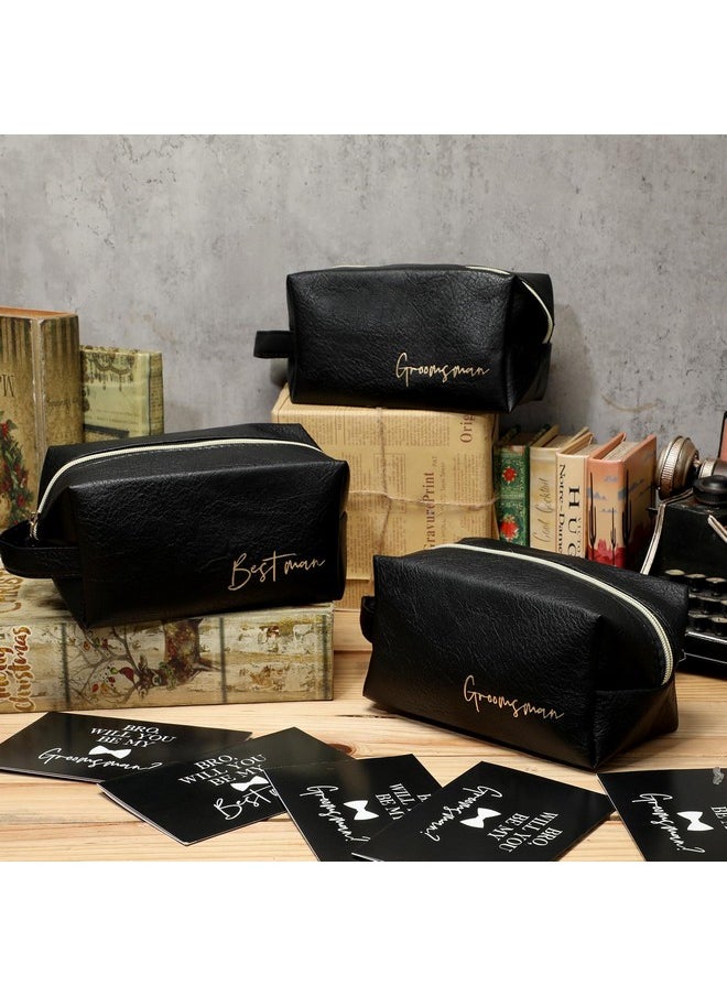 Amylove 7 Sets Groomsmen Gifts Toiletry Bag for Men Wedding Proposal Gift for Best Man PU Leather Cosmetic Bags with Zipper Shaving Bag Bowknot Greeting Card for Wedding Toiletries Accessories (Black)
