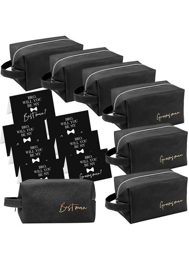 Amylove 7 Sets Groomsmen Gifts Toiletry Bag for Men Wedding Proposal Gift for Best Man PU Leather Cosmetic Bags with Zipper Shaving Bag Bowknot Greeting Card for Wedding Toiletries Accessories (Black)