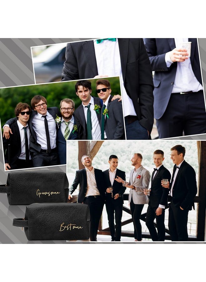 Amylove 7 Sets Groomsmen Gifts Toiletry Bag for Men Wedding Proposal Gift for Best Man PU Leather Cosmetic Bags with Zipper Shaving Bag Bowknot Greeting Card for Wedding Toiletries Accessories (Black)