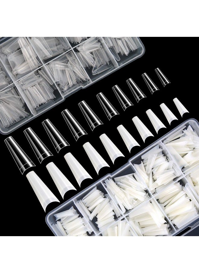 FEBSNOW 1000 PCS French Coffin Ballerina Nail Tips Acrylic Nails Artificial Half False Flake Nail Tips 10 sizes with Clear Plastic Cases for Nail Salon Nail Shop DIY Nail Art Ballerina Nails