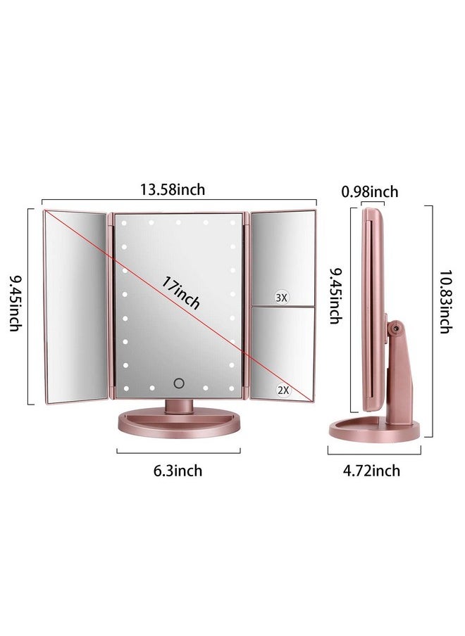 deweisn Dresser Mount Tri-Fold Lighted Vanity Mirror with 21 LED Lights, Touch Screen and 3X/2X/1X Magnification, Two Power Supply Modes Make Up Mirror,Travel Mirror