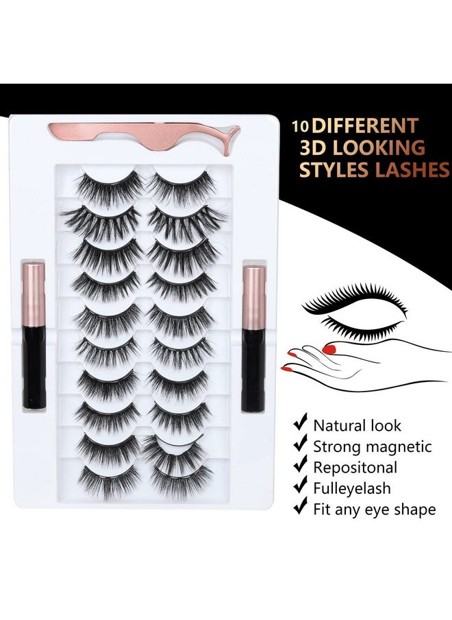 BILEYCHA Upgrade 3D Natural Magnetic Eyelashes,Lightweight Magnetic Eyeliner and Eyelashes Kit, 2 Magnetic Eyeliners- No Glue Needed (10 Pairs)