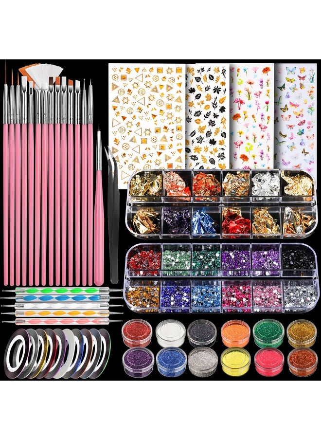 Teenitor Nail Art Brushes Nail Art Tools, Nail Brushes for Nail Art Kit with Nail Stickers, Nail Design Kit Nail Design Brushes Nail Gems, Dotting Tools Nail Art Stickers Nail Glitter Nail Accessories