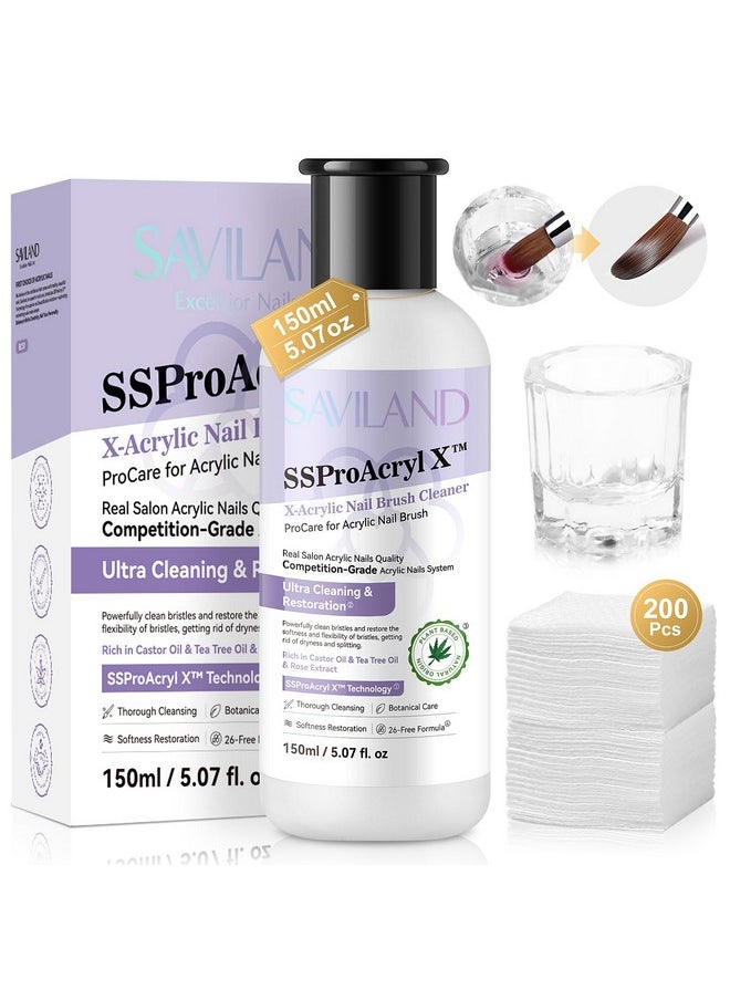 SAVILAND Acrylic Nail Brush Cleaner: 5 OZ Large Capacity Acrylic Brush Cleaner Castor Oil Nail Brush Cleaner Conditioner Restorer with Nail Cleaning Pads & Dappen Dish for Acrylic Nails Home Salon DIY