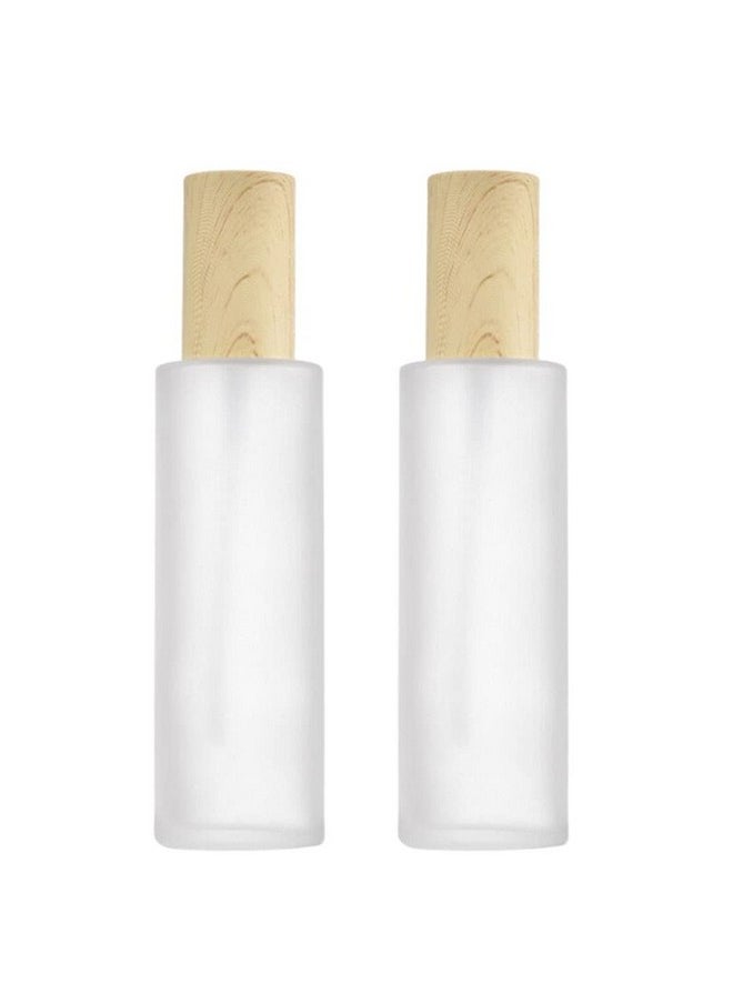 SYBL 2Pcs 120ml 4oz Empty Refillable Frosted Glass Cosmetic Cream Lotion Bottle Pump Bottles Container Vial Jar Pot With Wood Grain Lid For Emulsion Essence Liquid