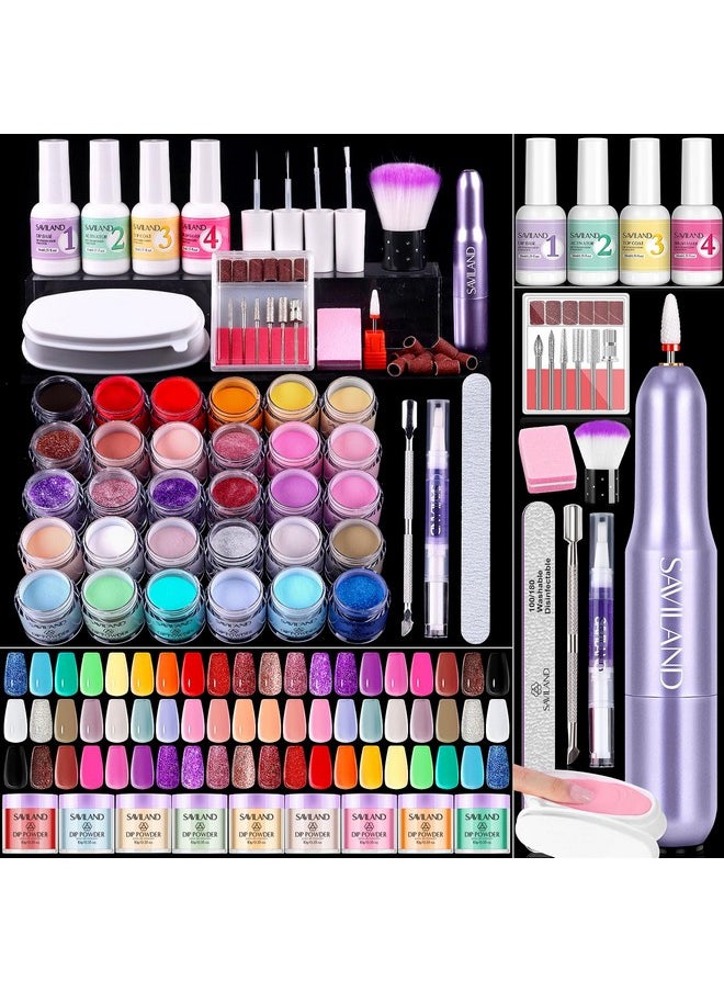 SAVILAND Dip Powder Nail Kit with Drill: Starter Set 30 Colors Summer Spring Keratin Dip Nails Powder with Dipping Powder Liquid Set Activator Base Top Coat Cuticle Oil for DIY Manicure Nail Art