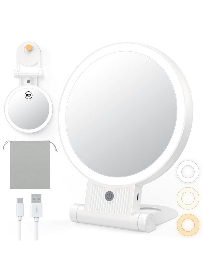 Gospire Makeup Mirror with Lights, 1x/10x Magnifying Mirror for Desk, Adjustable Handle for Tabletop Hanging Handheld, Travel Rechargeable LED Lighted Vanity Mirror with 3 Light Colors, Women Gift