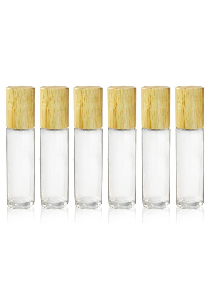 6 Count 10ml Bamboo Roll On Bottle For Essential Oils,Clear Glass Bottle With Natural Bamboo Lid,Portable Massage Stainless Steel Roller Ball Glass Vial Aromatherapy travel Perfumes Bottles