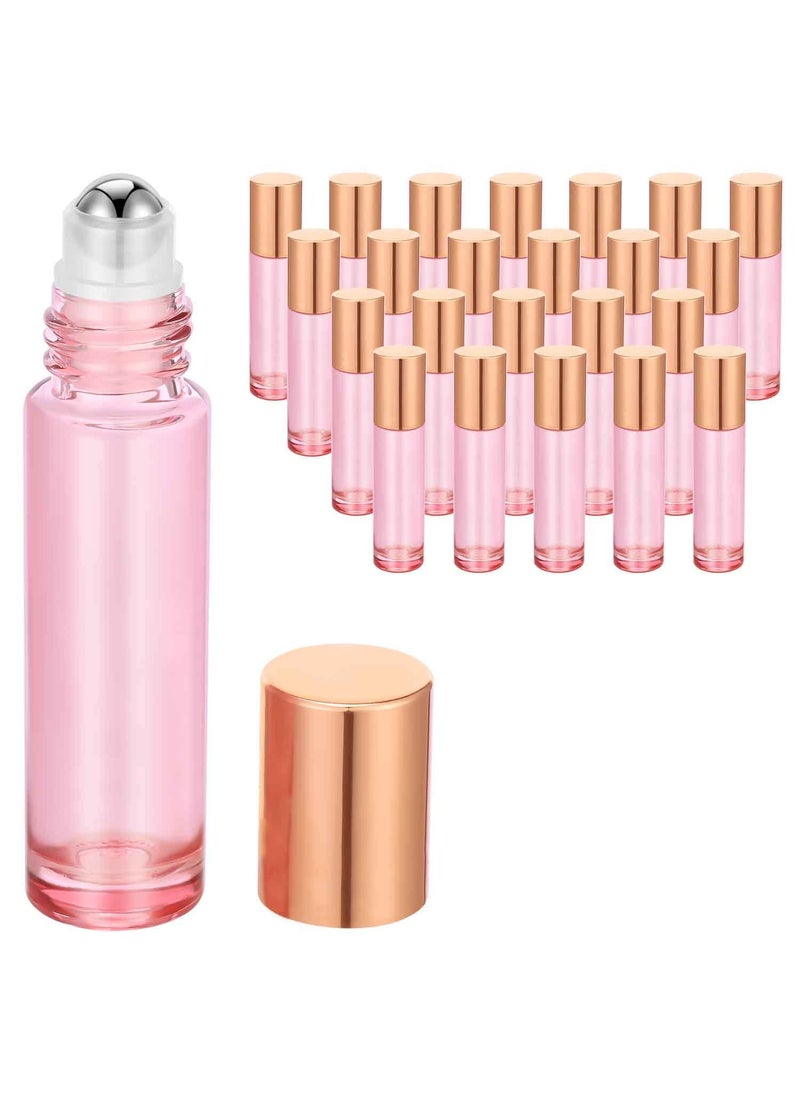 PrettyCare 10 ml Roller Bottles for Essential Oils (Rose Glass, 24 Pack, 4 Extra Roller Balls, 48 Labels, Opener, 2 Funnels, 2 Droppers Essential Oil Roller Bottles for body oil perfume