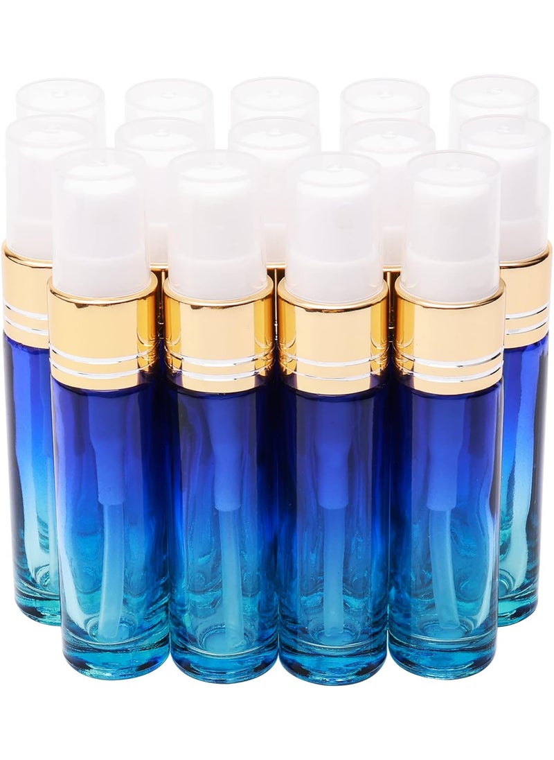 14Pcs 10ml (1/3 oz) Blue Gradient Color Spray Bottles Glass Vials Tube Perfume Atomizer Refillable Makeup Travel Fine Mist Sprayer Bottle Containers for Cosmetic Skincare, Gold Cap