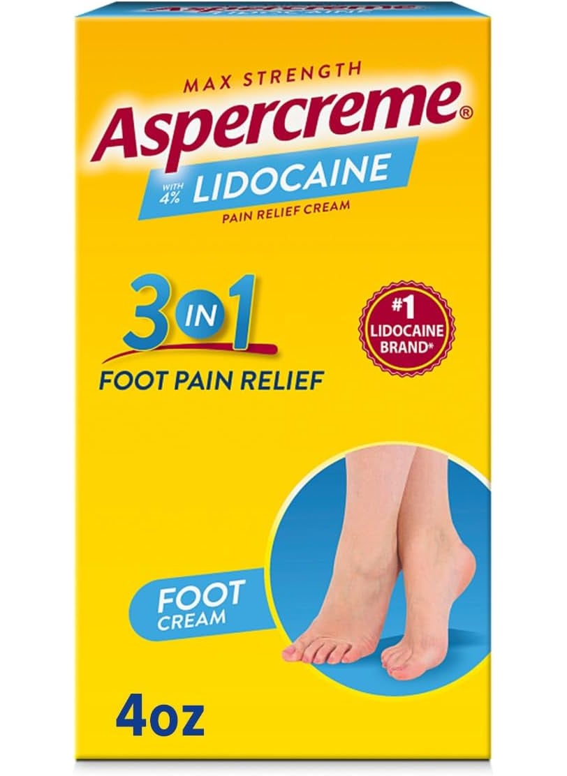 Aspercreme Lidocaine Foot Pain Relief Cream Soothes Aggravated Nerves & Moisturizes Dry Feet, Numbing Topical Analgesic With Max-Strength Lidocaine & Moisturizing Aloe, 4 Oz.