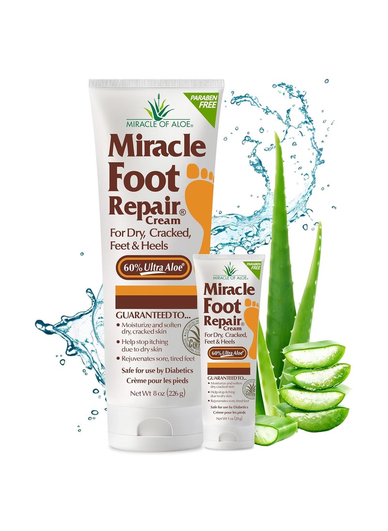 Miracle Foot Repair Cream (8 oz & 1 oz) Repairs Dry Cracked Heels and Feet, 60% Pure UltraAloe Moisturizes, Softens, and Repairs