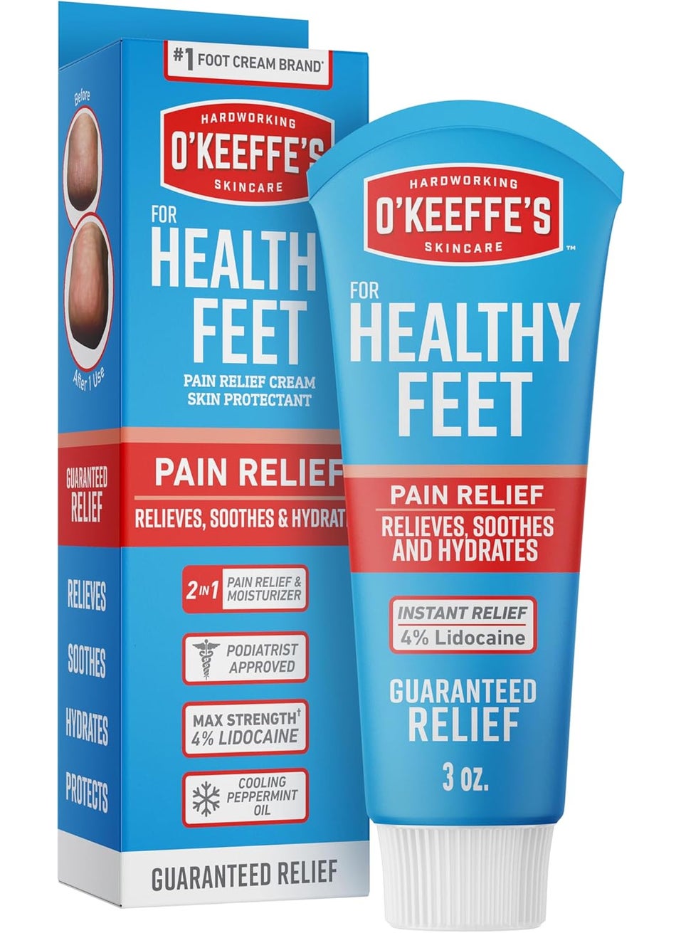 O'Keeffe's for Healthy Feet Pain Relief Skin Protectant Cream; 3 Ounce Tube (Pack of 1); Foot Pain Relief Cream; Cooling Foot Cream