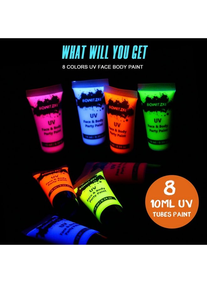 Bowitzki UV Neon Face Body Paint 8 Tubes 0.34oz Liquid Kit Black Light Glow in The Dark Makeup Set Fluorescent Painting for Adults Kids Music Festivals Party Halloween Christmas