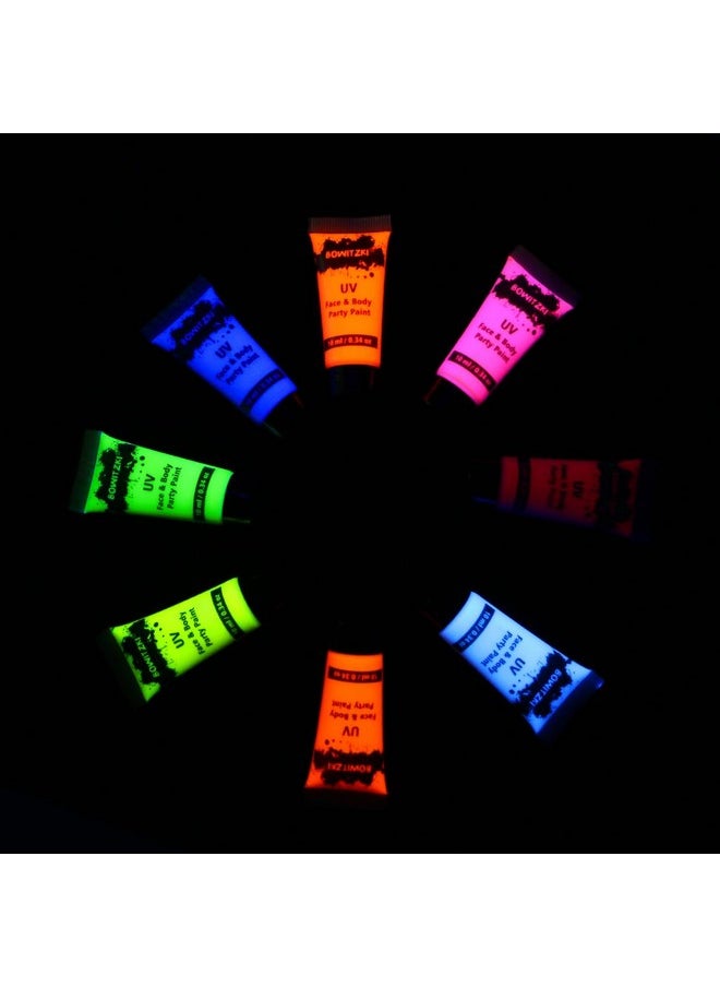 Bowitzki UV Neon Face Body Paint 8 Tubes 0.34oz Liquid Kit Black Light Glow in The Dark Makeup Set Fluorescent Painting for Adults Kids Music Festivals Party Halloween Christmas