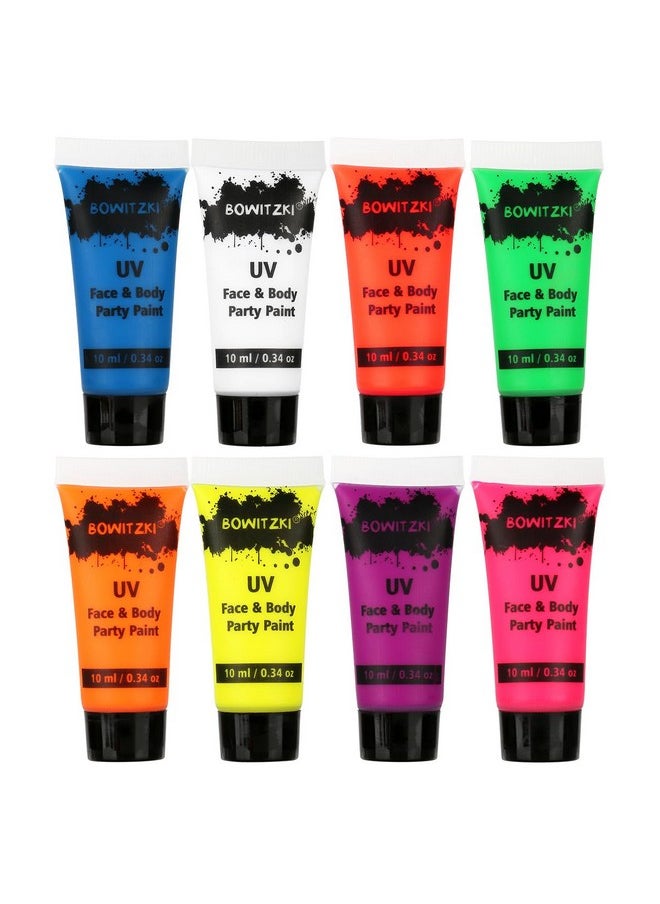 Bowitzki UV Neon Face Body Paint 8 Tubes 0.34oz Liquid Kit Black Light Glow in The Dark Makeup Set Fluorescent Painting for Adults Kids Music Festivals Party Halloween Christmas