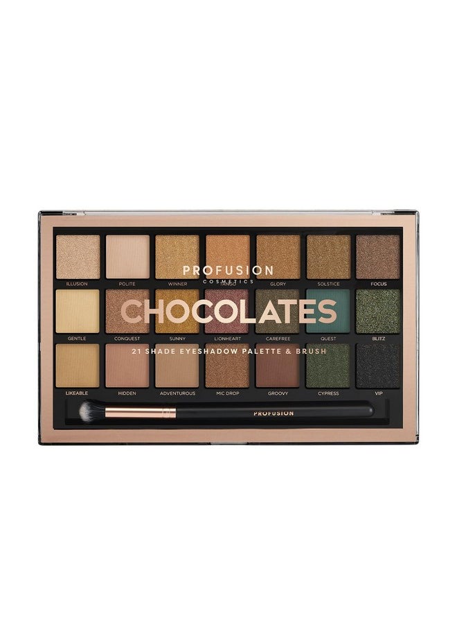 Profusion Cosmetics 21 Shade Eyeshadow Palette Collection & Brush, Chocolates