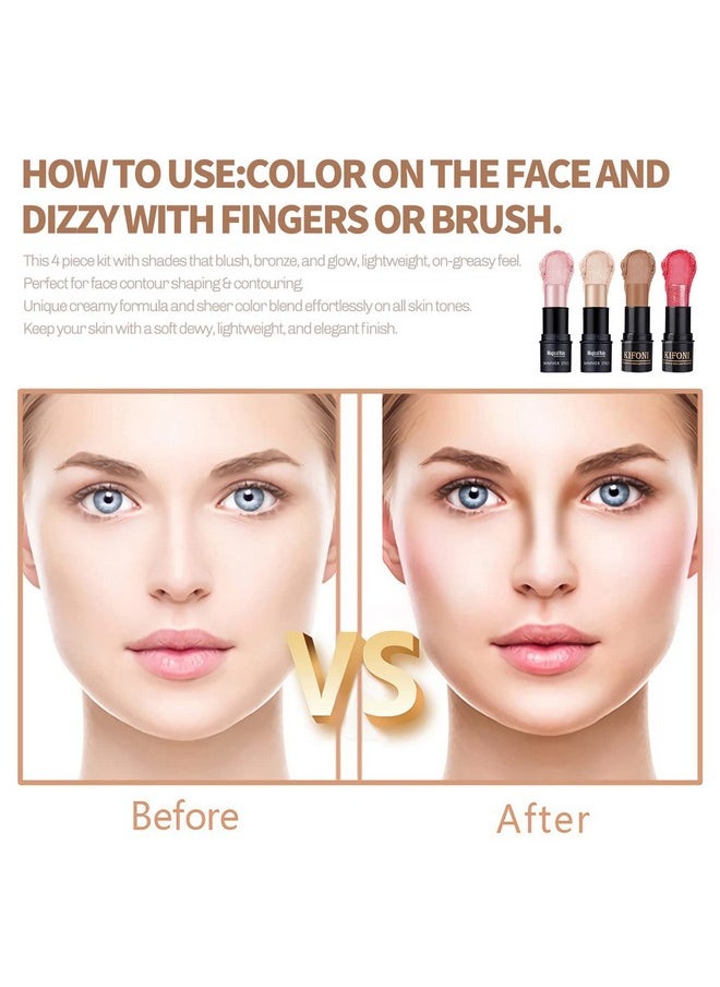 SUMEITANG 4PCS Contour Stick - Highlighter And Cream Blush Stick 4 Colors Kit - Moisturizer, Face Brightens & Shades Pencil, Facial Shaping Makeup Sticks for Older Women & Mature Skin