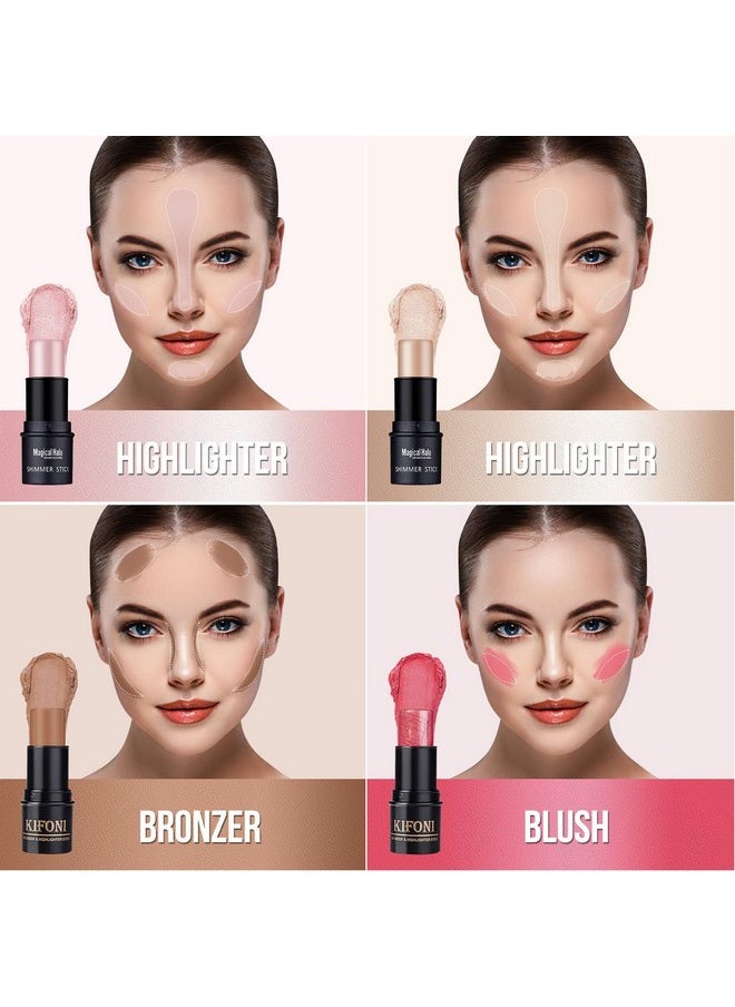 SUMEITANG 4PCS Contour Stick - Highlighter And Cream Blush Stick 4 Colors Kit - Moisturizer, Face Brightens & Shades Pencil, Facial Shaping Makeup Sticks for Older Women & Mature Skin