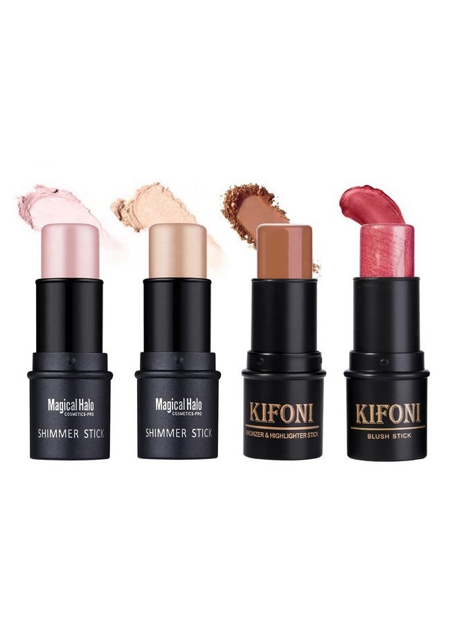 SUMEITANG 4PCS Contour Stick - Highlighter And Cream Blush Stick 4 Colors Kit - Moisturizer, Face Brightens & Shades Pencil, Facial Shaping Makeup Sticks for Older Women & Mature Skin