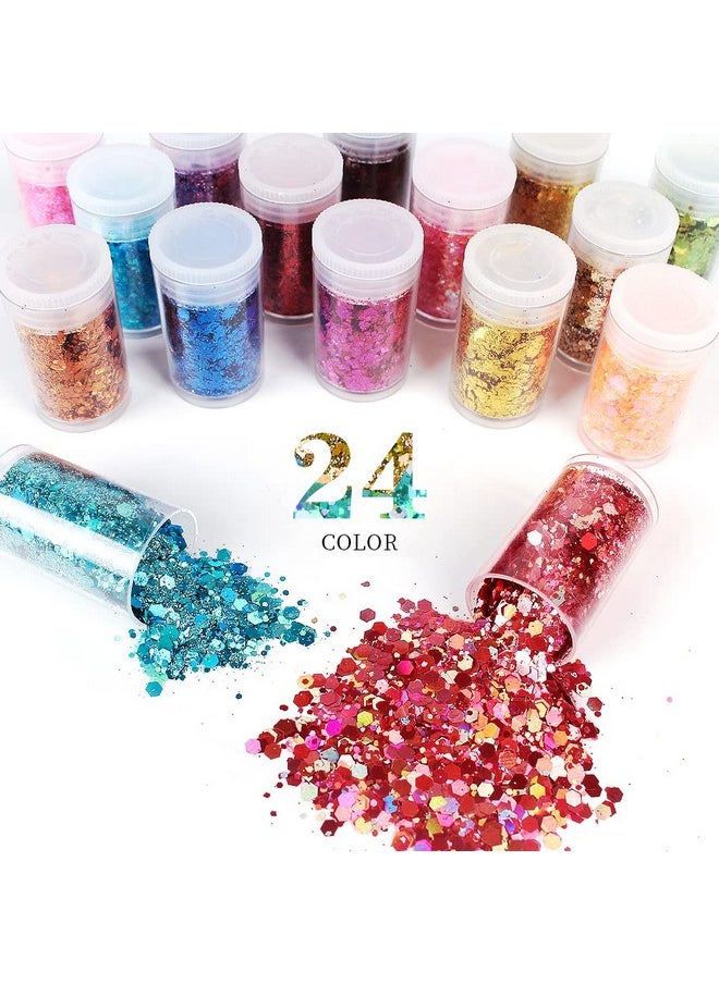 Chunky and Fine Glitter Mix, Estanoite 24 Colors Sequins & Fine Glitter Powder Mix, Holographic Glitter Flakes, Cosmetic Face Body Eye Hair Nail Art Resin Tumbler Iridescent Glitter Loose Glitter