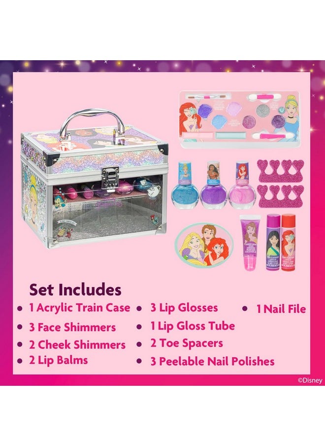 Disney Princess Train Case Girls Beauty Set, Kids Makeup Kit for Girls, Real Washable Toy Makeup Set, Play Makeup, Pretend Play, Party Favor, Birthday, Toys Ages 3 4 5 6 7 8 9 10 11 12