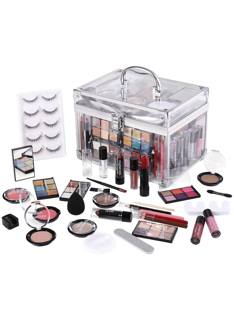 Makeup Kit for Women Full Kit - Eyeshadow Palette, Lipsticks, Lipgloss, Blushes, Contour, Highlighters, Makeup Pencil, False Eyelashes, Re-usable Train Case Gift Set for Teen Girls Starters Pros