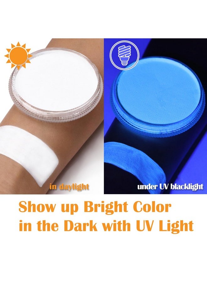MEICOLY Neon Face Paint,Glow in The Dark Body Paint,Fluorescent Water Activated Face Paint for Adult and Children,Halloween Single Color White Face Paint Water Based Split Cake,1.05oz,White/UV Blue